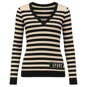 Escada Sport Women Striped VNeck Top S Black Beige Logo Designer Parisian Preppy